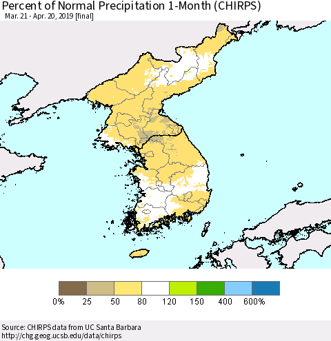 Korea Percent of Normal Precipitation 1-Month (CHIRPS) Thematic Map For 3/21/2019 - 4/20/2019