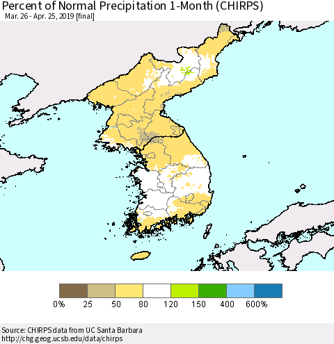 Korea Percent of Normal Precipitation 1-Month (CHIRPS) Thematic Map For 3/26/2019 - 4/25/2019