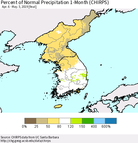 Korea Percent of Normal Precipitation 1-Month (CHIRPS) Thematic Map For 4/6/2019 - 5/5/2019
