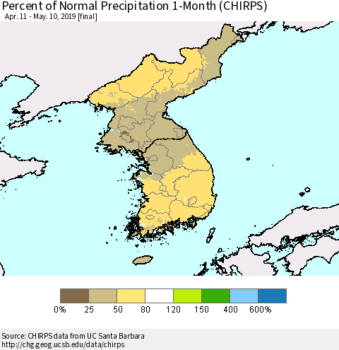 Korea Percent of Normal Precipitation 1-Month (CHIRPS) Thematic Map For 4/11/2019 - 5/10/2019
