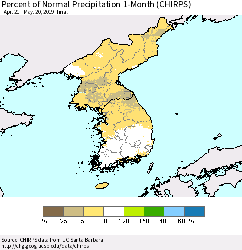 Korea Percent of Normal Precipitation 1-Month (CHIRPS) Thematic Map For 4/21/2019 - 5/20/2019