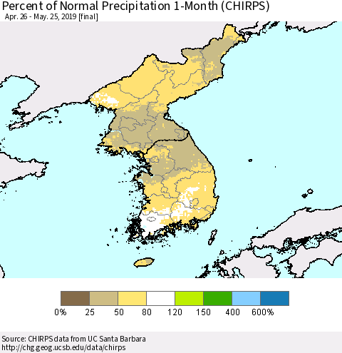 Korea Percent of Normal Precipitation 1-Month (CHIRPS) Thematic Map For 4/26/2019 - 5/25/2019