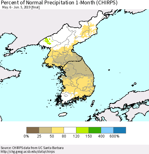 Korea Percent of Normal Precipitation 1-Month (CHIRPS) Thematic Map For 5/6/2019 - 6/5/2019