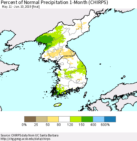 Korea Percent of Normal Precipitation 1-Month (CHIRPS) Thematic Map For 5/11/2019 - 6/10/2019