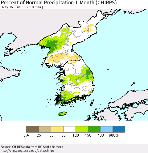 Korea Percent of Normal Precipitation 1-Month (CHIRPS) Thematic Map For 5/16/2019 - 6/15/2019