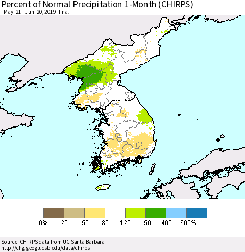 Korea Percent of Normal Precipitation 1-Month (CHIRPS) Thematic Map For 5/21/2019 - 6/20/2019