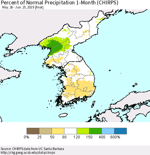Korea Percent of Normal Precipitation 1-Month (CHIRPS) Thematic Map For 5/26/2019 - 6/25/2019