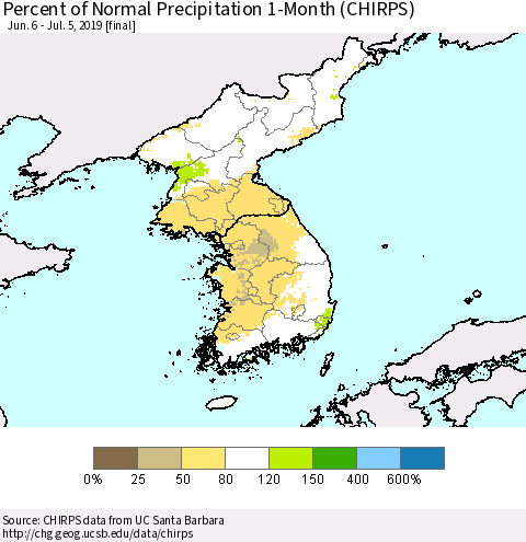Korea Percent of Normal Precipitation 1-Month (CHIRPS) Thematic Map For 6/6/2019 - 7/5/2019
