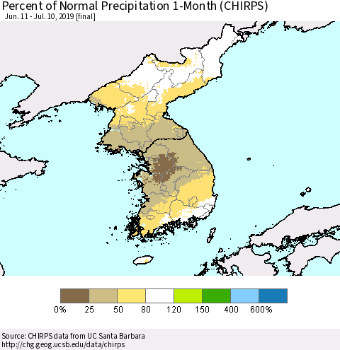 Korea Percent of Normal Precipitation 1-Month (CHIRPS) Thematic Map For 6/11/2019 - 7/10/2019