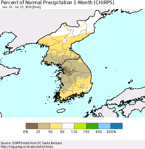 Korea Percent of Normal Precipitation 1-Month (CHIRPS) Thematic Map For 6/16/2019 - 7/15/2019