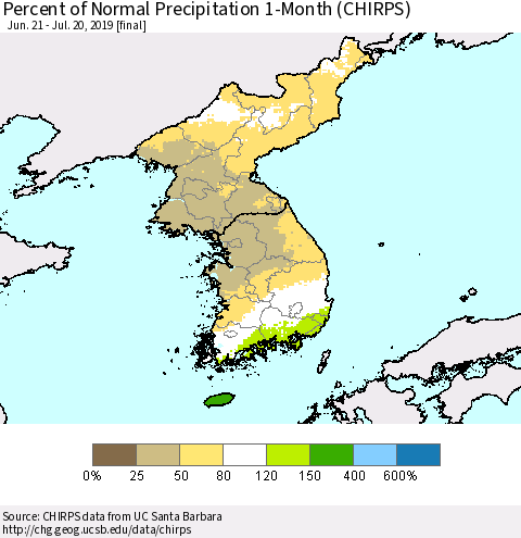 Korea Percent of Normal Precipitation 1-Month (CHIRPS) Thematic Map For 6/21/2019 - 7/20/2019