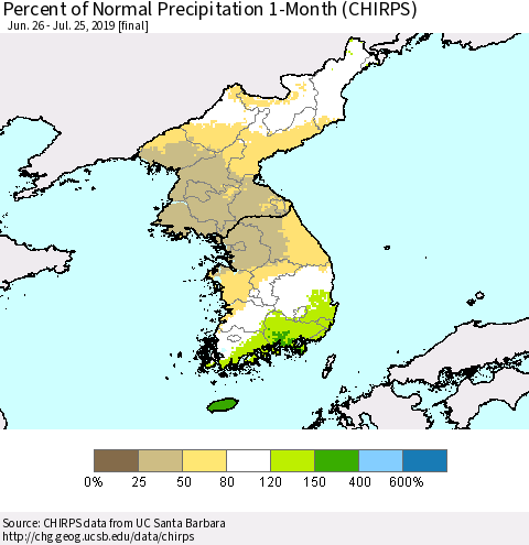 Korea Percent of Normal Precipitation 1-Month (CHIRPS) Thematic Map For 6/26/2019 - 7/25/2019