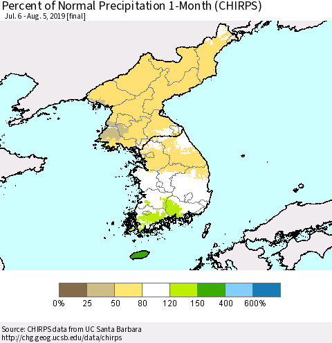 Korea Percent of Normal Precipitation 1-Month (CHIRPS) Thematic Map For 7/6/2019 - 8/5/2019
