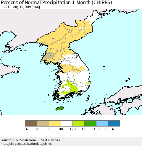 Korea Percent of Normal Precipitation 1-Month (CHIRPS) Thematic Map For 7/11/2019 - 8/10/2019