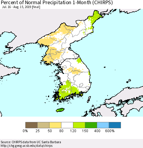 Korea Percent of Normal Precipitation 1-Month (CHIRPS) Thematic Map For 7/16/2019 - 8/15/2019