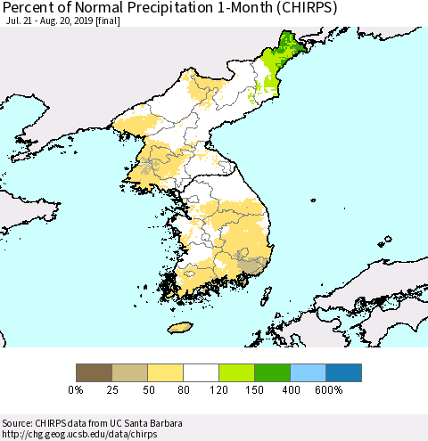 Korea Percent of Normal Precipitation 1-Month (CHIRPS) Thematic Map For 7/21/2019 - 8/20/2019