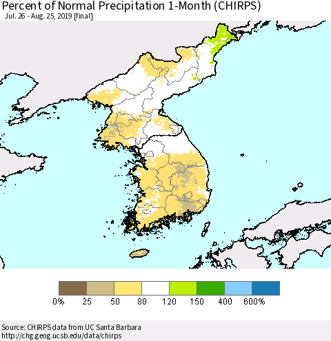 Korea Percent of Normal Precipitation 1-Month (CHIRPS) Thematic Map For 7/26/2019 - 8/25/2019