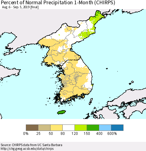 Korea Percent of Normal Precipitation 1-Month (CHIRPS) Thematic Map For 8/6/2019 - 9/5/2019