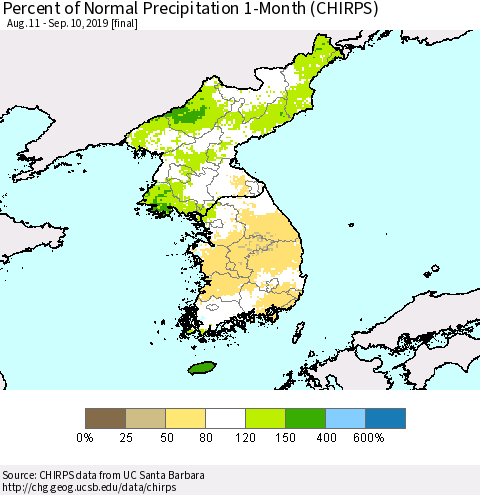 Korea Percent of Normal Precipitation 1-Month (CHIRPS) Thematic Map For 8/11/2019 - 9/10/2019