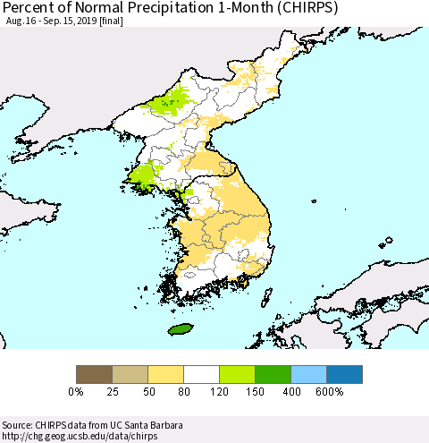 Korea Percent of Normal Precipitation 1-Month (CHIRPS) Thematic Map For 8/16/2019 - 9/15/2019