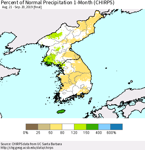 Korea Percent of Normal Precipitation 1-Month (CHIRPS) Thematic Map For 8/21/2019 - 9/20/2019