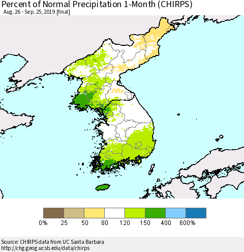 Korea Percent of Normal Precipitation 1-Month (CHIRPS) Thematic Map For 8/26/2019 - 9/25/2019