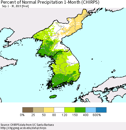 Korea Percent of Normal Precipitation 1-Month (CHIRPS) Thematic Map For 9/1/2019 - 9/30/2019