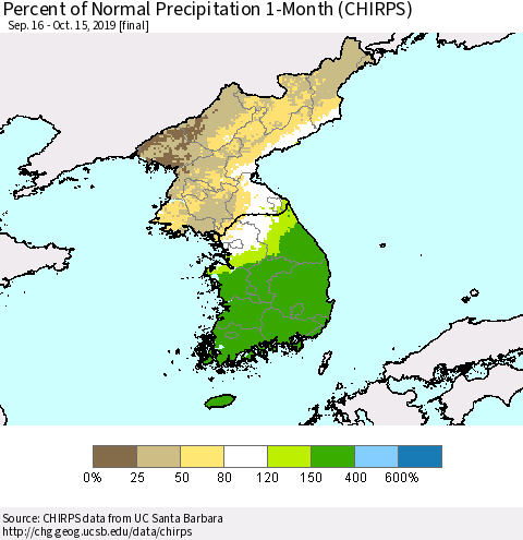 Korea Percent of Normal Precipitation 1-Month (CHIRPS) Thematic Map For 9/16/2019 - 10/15/2019