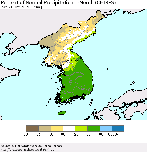 Korea Percent of Normal Precipitation 1-Month (CHIRPS) Thematic Map For 9/21/2019 - 10/20/2019