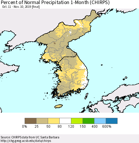 Korea Percent of Normal Precipitation 1-Month (CHIRPS) Thematic Map For 10/11/2019 - 11/10/2019