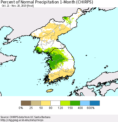 Korea Percent of Normal Precipitation 1-Month (CHIRPS) Thematic Map For 10/21/2019 - 11/20/2019