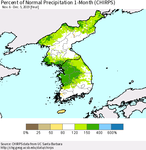 Korea Percent of Normal Precipitation 1-Month (CHIRPS) Thematic Map For 11/6/2019 - 12/5/2019