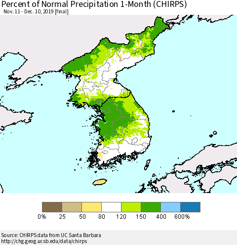 Korea Percent of Normal Precipitation 1-Month (CHIRPS) Thematic Map For 11/11/2019 - 12/10/2019