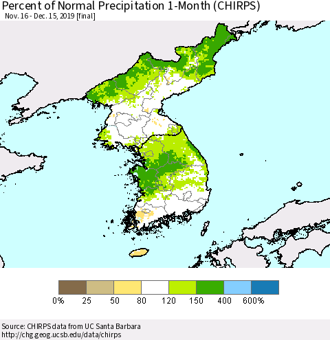 Korea Percent of Normal Precipitation 1-Month (CHIRPS) Thematic Map For 11/16/2019 - 12/15/2019