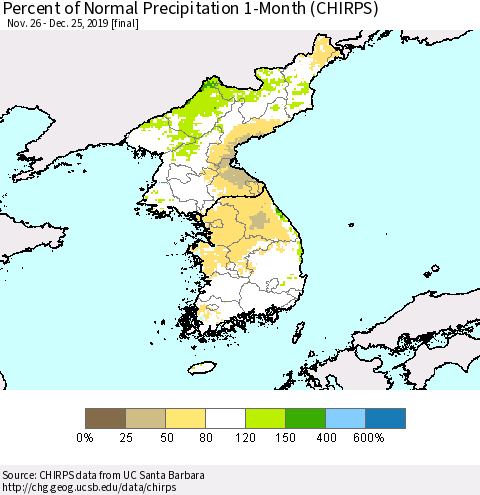 Korea Percent of Normal Precipitation 1-Month (CHIRPS) Thematic Map For 11/26/2019 - 12/25/2019
