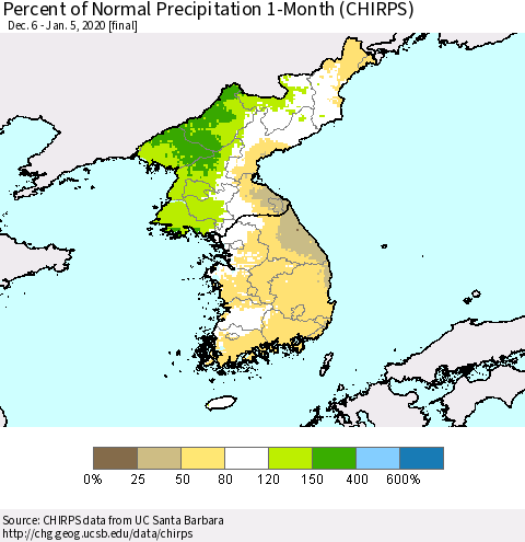 Korea Percent of Normal Precipitation 1-Month (CHIRPS) Thematic Map For 12/6/2019 - 1/5/2020