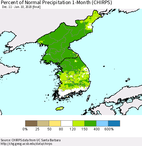 Korea Percent of Normal Precipitation 1-Month (CHIRPS) Thematic Map For 12/11/2019 - 1/10/2020
