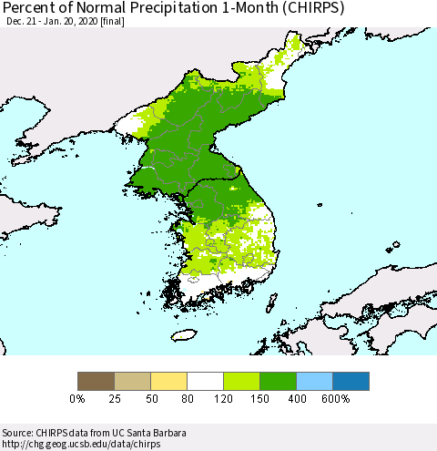 Korea Percent of Normal Precipitation 1-Month (CHIRPS) Thematic Map For 12/21/2019 - 1/20/2020