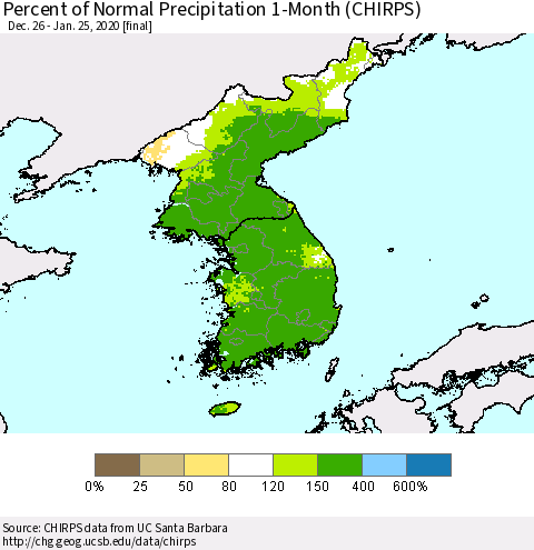 Korea Percent of Normal Precipitation 1-Month (CHIRPS) Thematic Map For 12/26/2019 - 1/25/2020