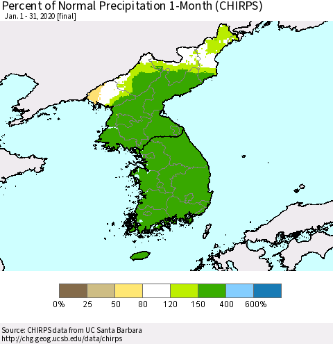 Korea Percent of Normal Precipitation 1-Month (CHIRPS) Thematic Map For 1/1/2020 - 1/31/2020