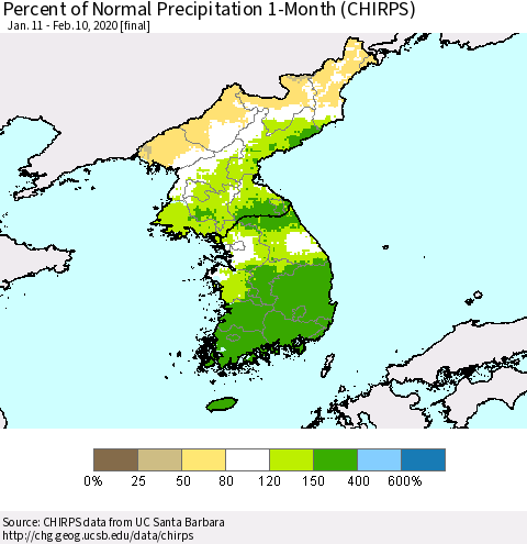 Korea Percent of Normal Precipitation 1-Month (CHIRPS) Thematic Map For 1/11/2020 - 2/10/2020