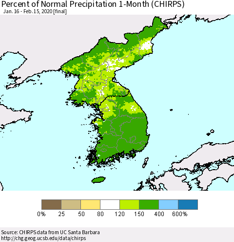 Korea Percent of Normal Precipitation 1-Month (CHIRPS) Thematic Map For 1/16/2020 - 2/15/2020