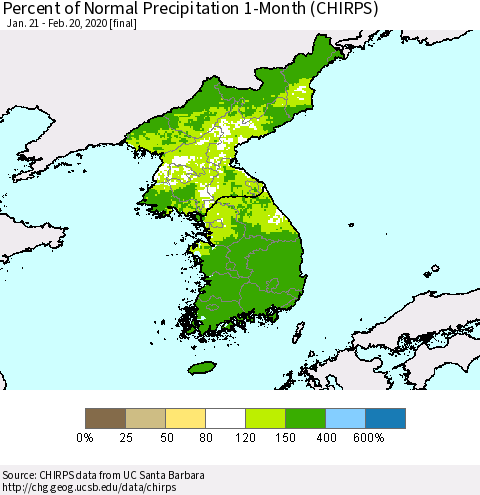Korea Percent of Normal Precipitation 1-Month (CHIRPS) Thematic Map For 1/21/2020 - 2/20/2020
