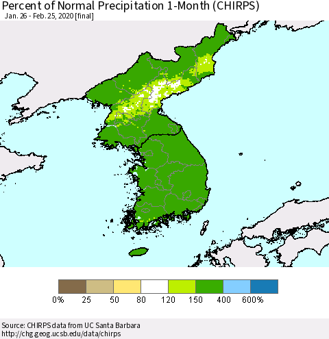 Korea Percent of Normal Precipitation 1-Month (CHIRPS) Thematic Map For 1/26/2020 - 2/25/2020