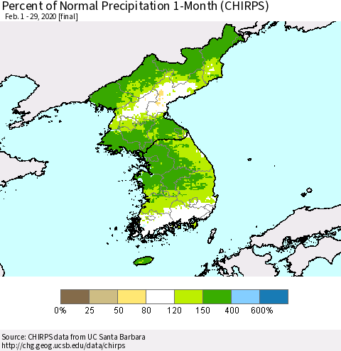 Korea Percent of Normal Precipitation 1-Month (CHIRPS) Thematic Map For 2/1/2020 - 2/29/2020
