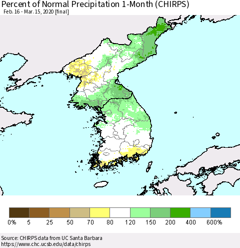 Korea Percent of Normal Precipitation 1-Month (CHIRPS) Thematic Map For 2/16/2020 - 3/15/2020