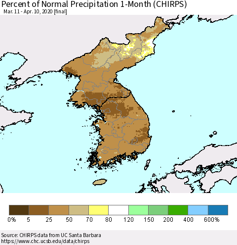 Korea Percent of Normal Precipitation 1-Month (CHIRPS) Thematic Map For 3/11/2020 - 4/10/2020