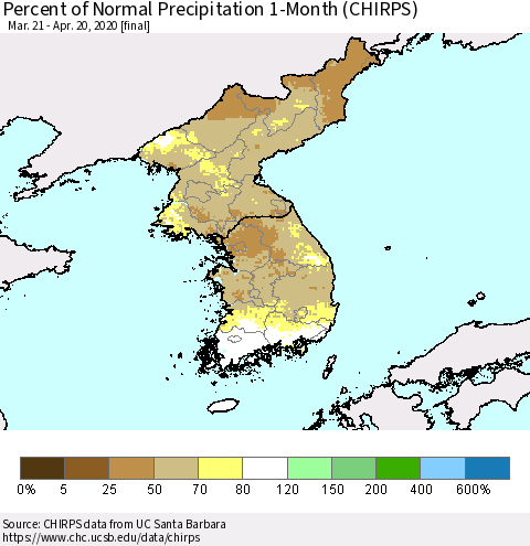 Korea Percent of Normal Precipitation 1-Month (CHIRPS) Thematic Map For 3/21/2020 - 4/20/2020