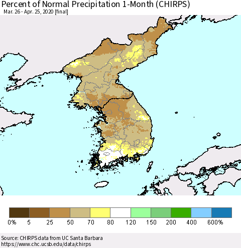 Korea Percent of Normal Precipitation 1-Month (CHIRPS) Thematic Map For 3/26/2020 - 4/25/2020