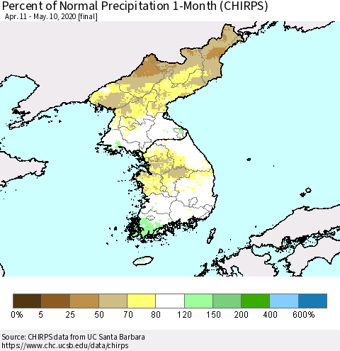Korea Percent of Normal Precipitation 1-Month (CHIRPS) Thematic Map For 4/11/2020 - 5/10/2020
